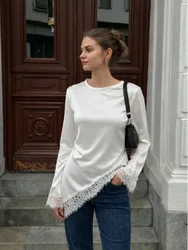 Chiffon Satin Lace Spliced Top For Women O Neck Long Sleeve Pullover Lace Up Slim Waist Shirt 2026 New Lady Party Solid Outwears