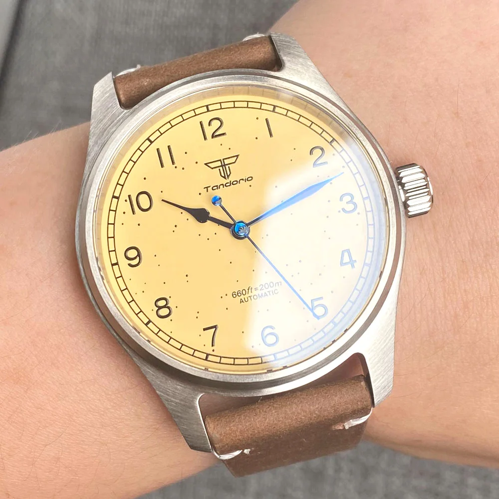 Imagem -02 - Tandorio Relógio Mecânico Homens Nh35 Pt5000 Movimento Azul Mão Vintage Amarelo Dial 39 mm