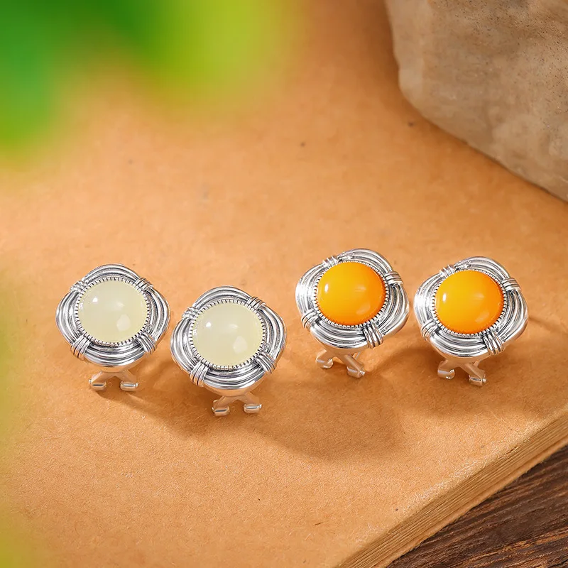 

S925 Sterling Silver Hetian Jade Amber Ethnic Style- Square Earrings-Shaped Ear Clips