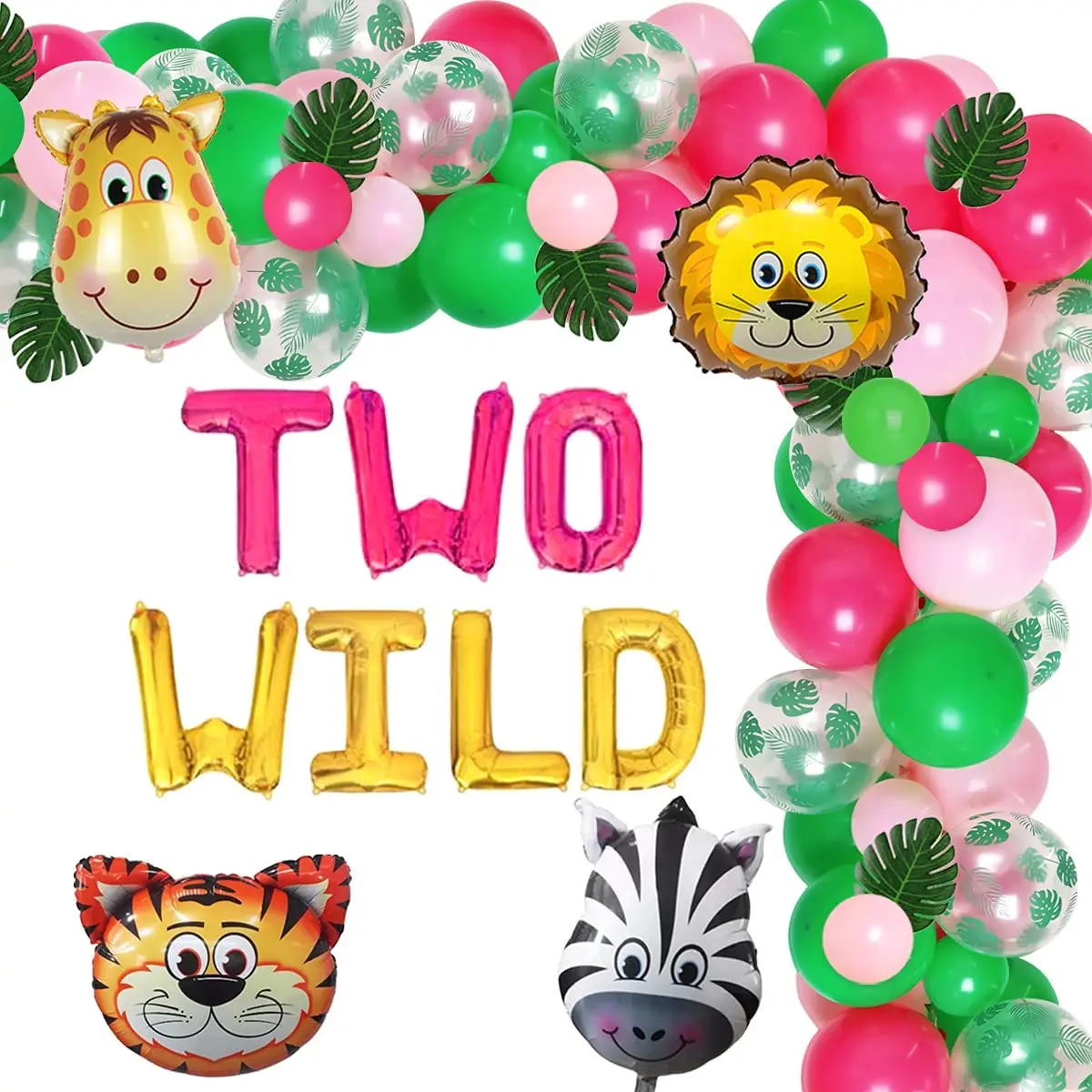 

Jungle Safari Theme Balloon Garland Kit, 2 Wild Forest Animal Balloons, Palm Leaves, 1st Birthday Decorations, Girl