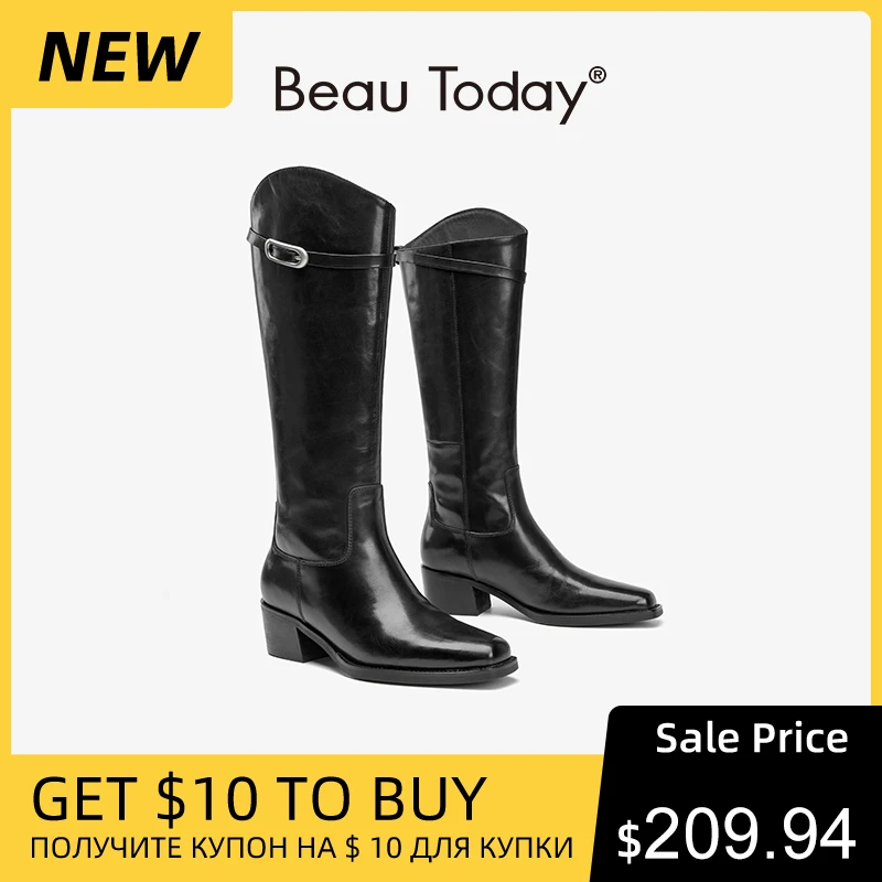 BEAUTODAY Knee High Boots Women Genuine Cow Leather Square Toe Metal Decoration Long Boots Slip-on Ladies Shoes Handmade 01447
