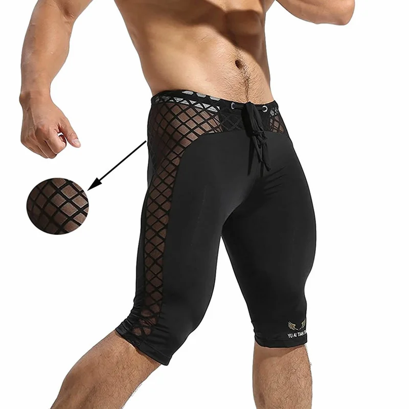 Men\'s Mesh Cool Compression Yoga Workout Tight Shorts Breathable Short Pants Hollow Out Mens Sport Fitness Running Sweat Shorts