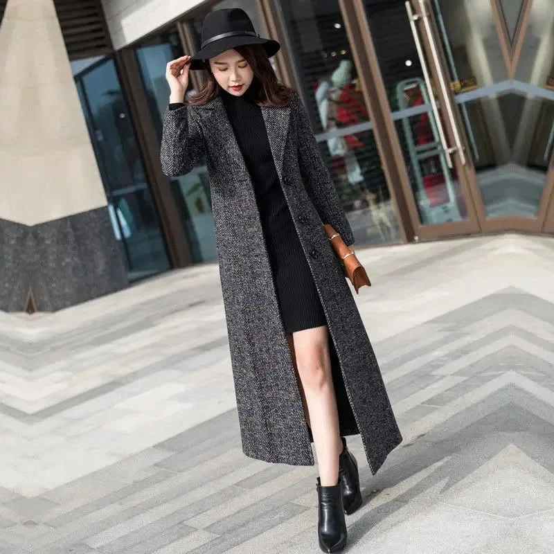 Plaid Woolen Coat Women's New 2023 Autumn/Winter Korean Version New Loose and Thickened Long Slim Fit Fabric Coat Button Lace Up