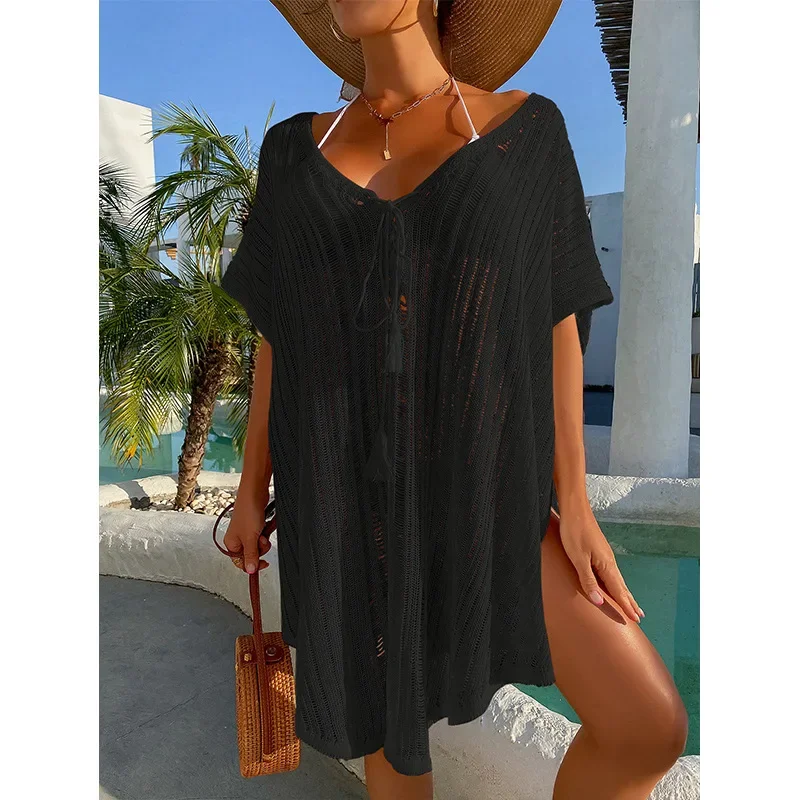 Robe de plage transparente à col en V pour femmes, caftan bohème, tunique ajourée, à la mode