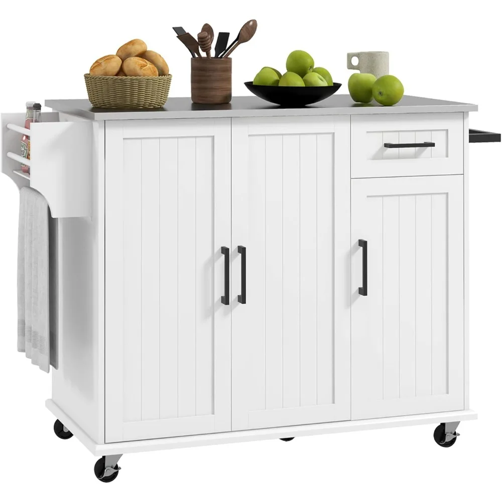 

Rolling kitchen island with storage, 3 cabinets, stainless steel countertops, spice rack and towel rack, white