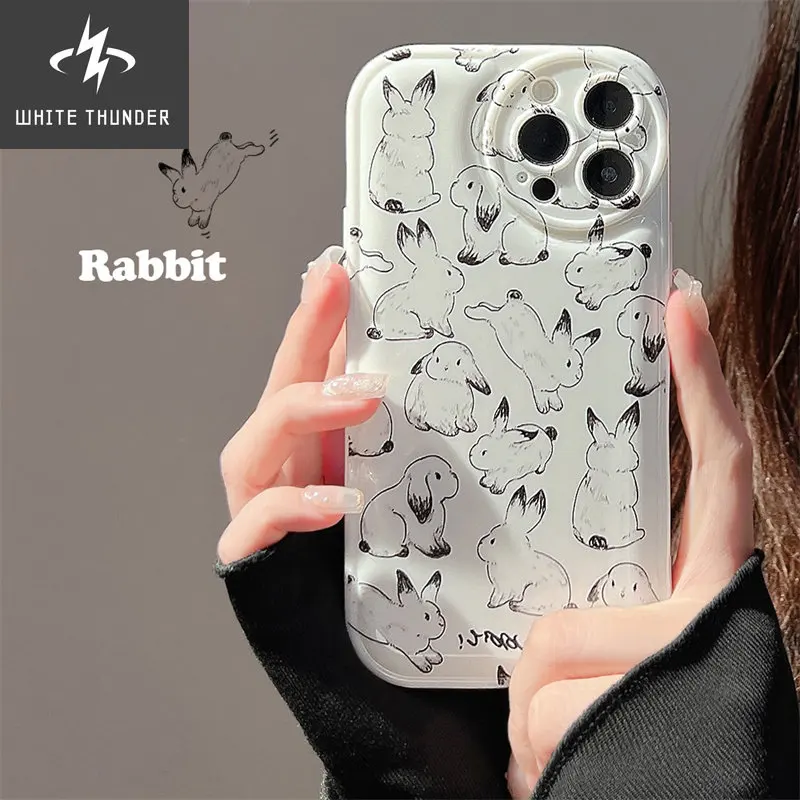 Cute Cartoon Hand Painted Rabbit Full Edge Silicone Anti-fall Shell For iphone 11 12 13 14 Pro Max Xr X Xs 7 8 Plus Phone Case