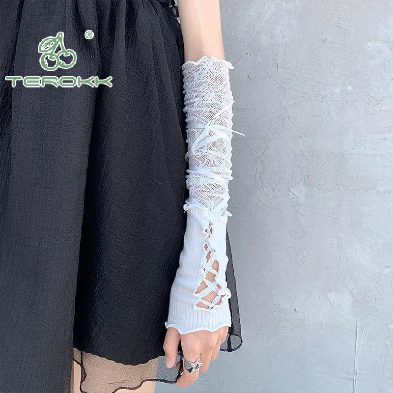 Leuke JK Lolita Gothic Vingerloze Mesh Bloem Kant Elastische Strapping Handschoenen Voor Vrouwen Meisjes Zonnebrandcrème Mouw Kleding Accessoires