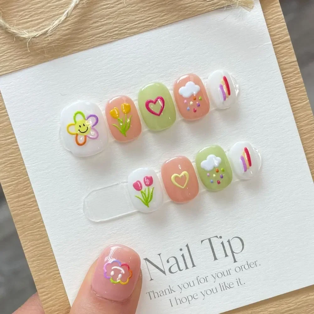 

Handmade Kawaii Press on Nails Short Cute Partysu Hand Paint Reusable Adhesive False Nails Acrylic Full Cover Nail Tips for Girl