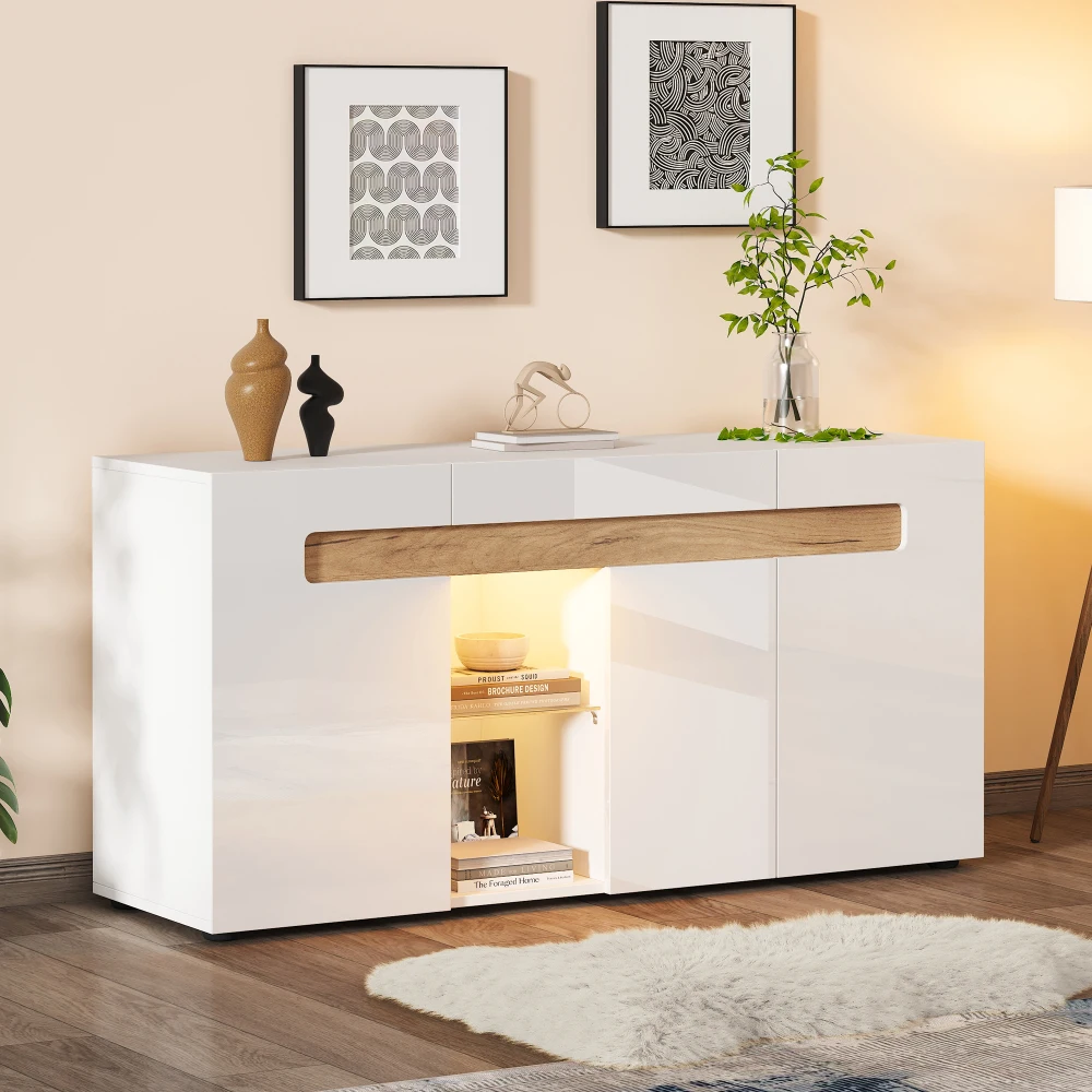 Aparador Moderno Blanco de Alto Brillo con Iluminación LED, Mueble de Almacenamiento para Sala de Estar con 3 Puertas y Estantes de Vidrio 140x40x70cm