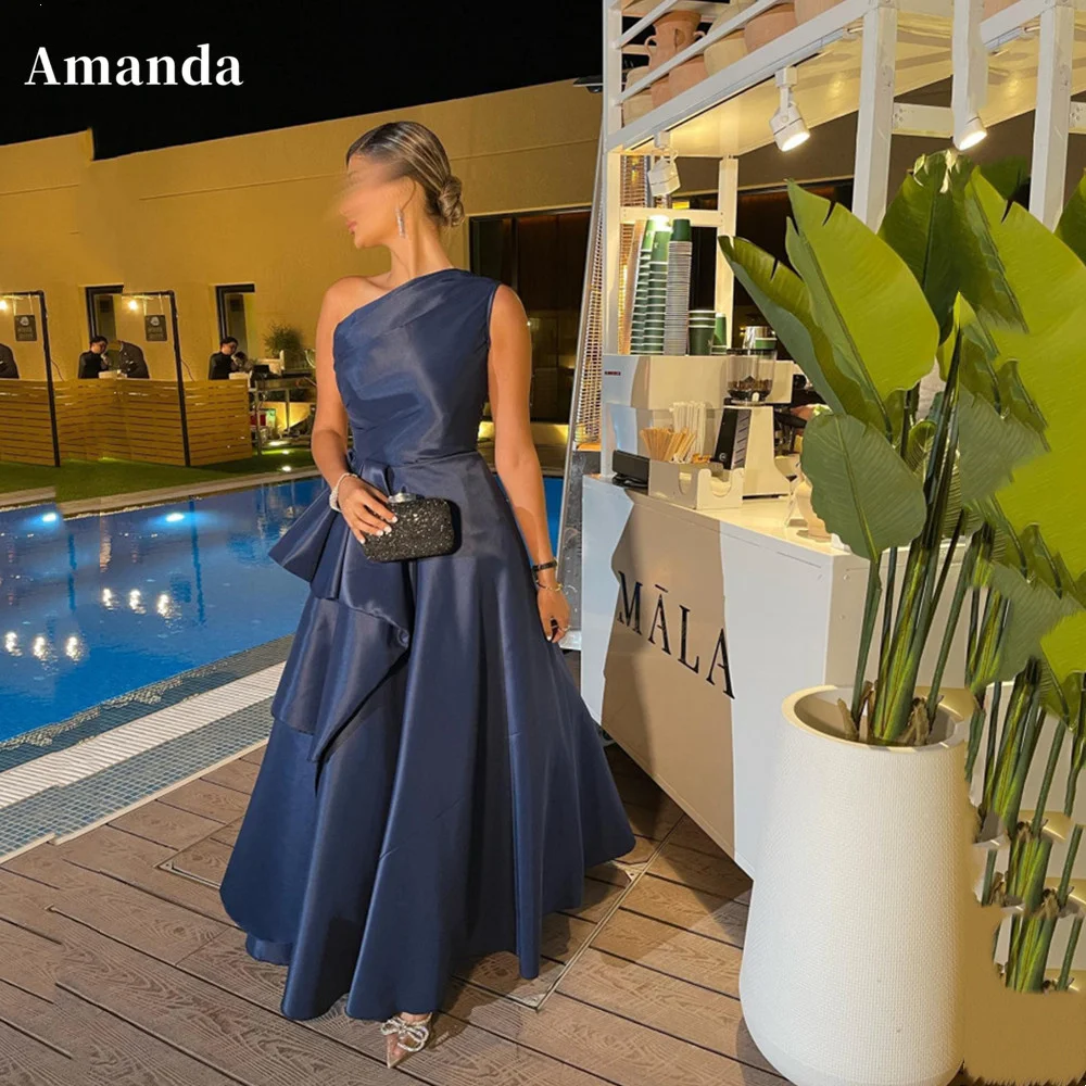 Amanda Dunkelblau Eine Schulter Prom Kleid Sexy A-line Abendkleid Seide Boden Länge Party Kleid Elegante فساتين مناسبة رسمية