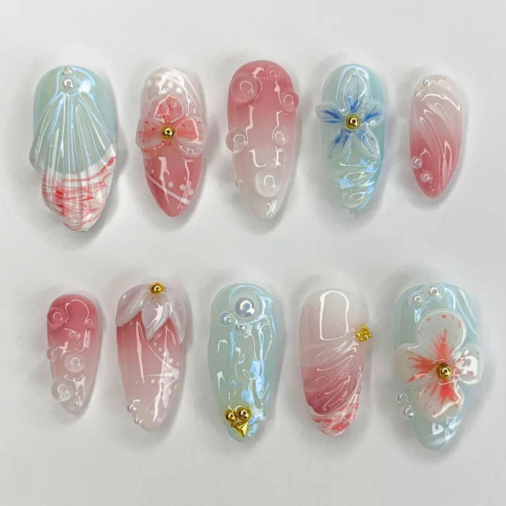 Press On Nails 2024 New French Cute Pink INS Y2K Five Petal Flower 3D Medium Almond Handmade ABS Material Nail Art Salon Nails