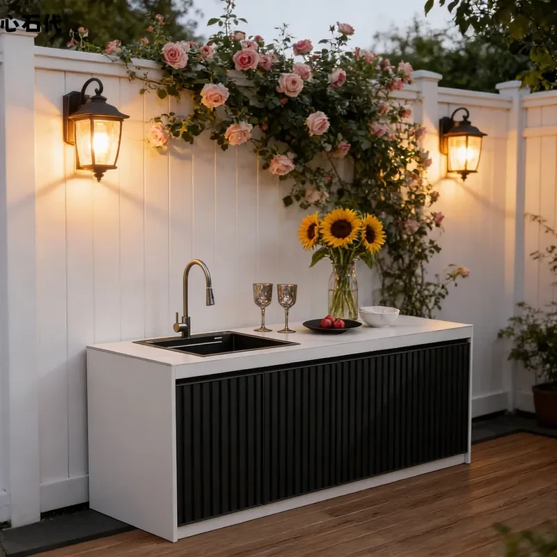 Outdoor Slate Vegetable Basin Operating Station Courtyard Wash Sink with Locker Water Bar and Barbecue Table for Garden Patio