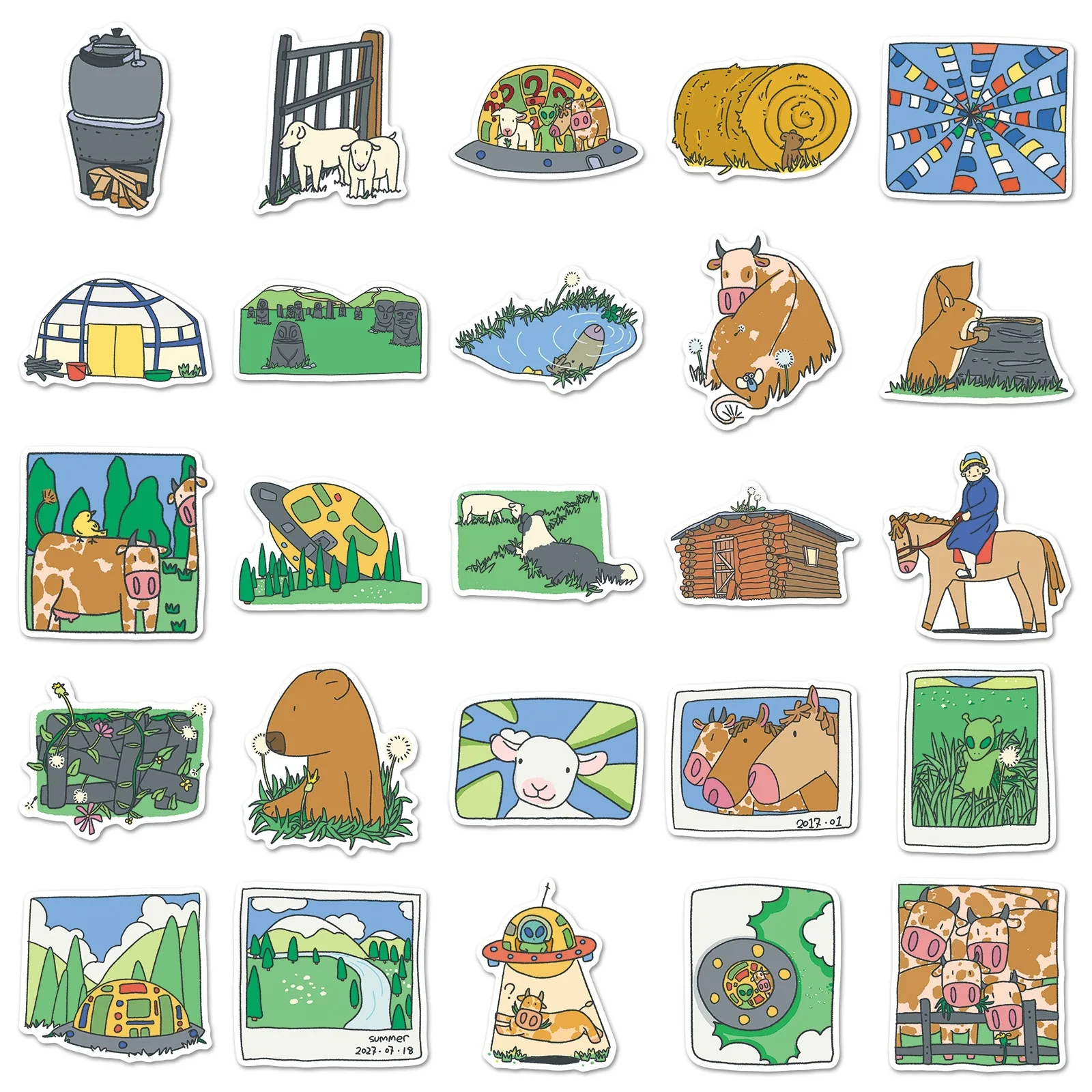 50 PCS New Alien Grassland Funny Ranch Fun Hand Drawn Animal Stickers Student Hand Account Material Waterproof Decorate Decals