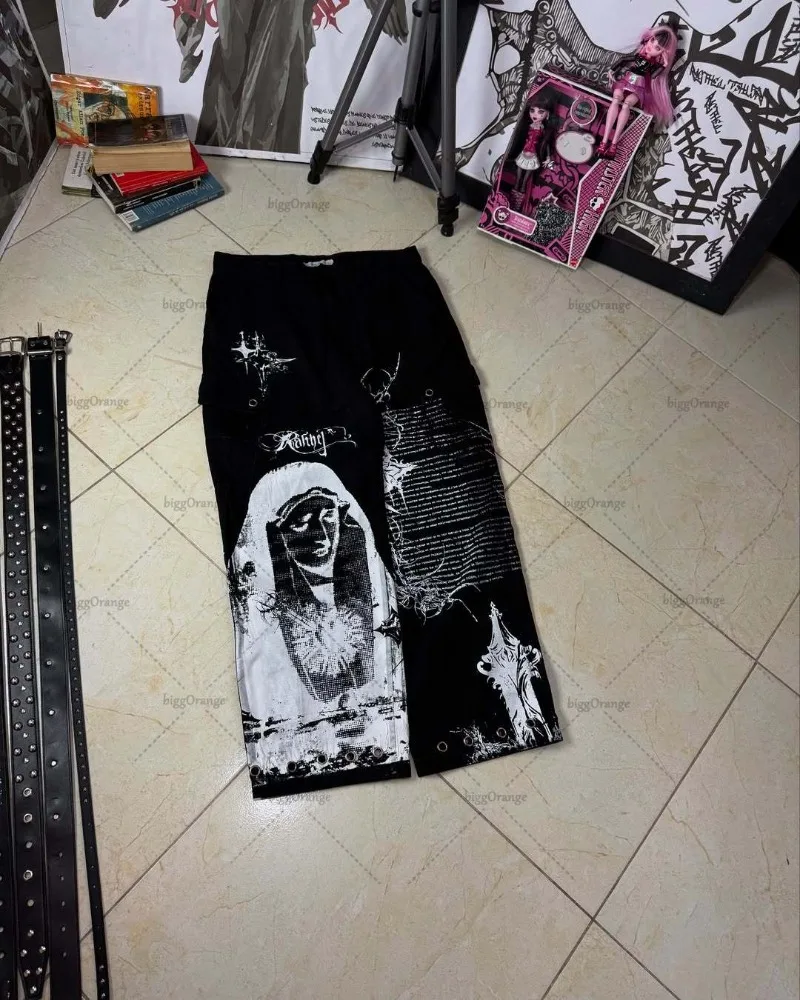 العلامة التجارية العصرية الهيب هوب الشرير الشارع الشهير بنطلون القوطية Harajuku Y2K الجينز النساء شارع العليا الرجعية عادية عالية الخصر واسعة الساق السراويل