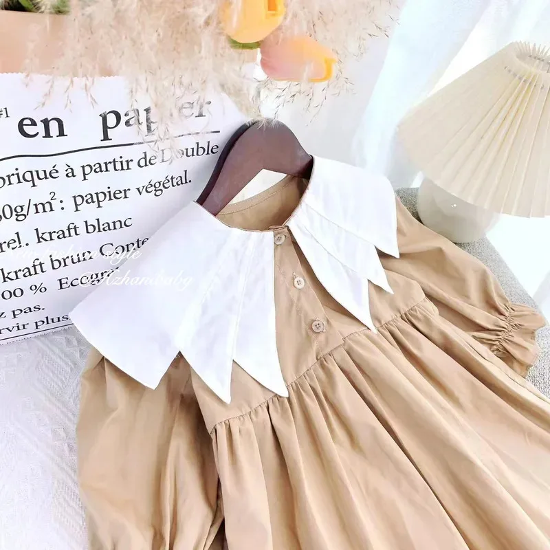 2024 primavera ragazza bambini solido moda risvolto manica lunga abito da principessa bambino cotone colletto a punta abiti casual vestiti per bambini