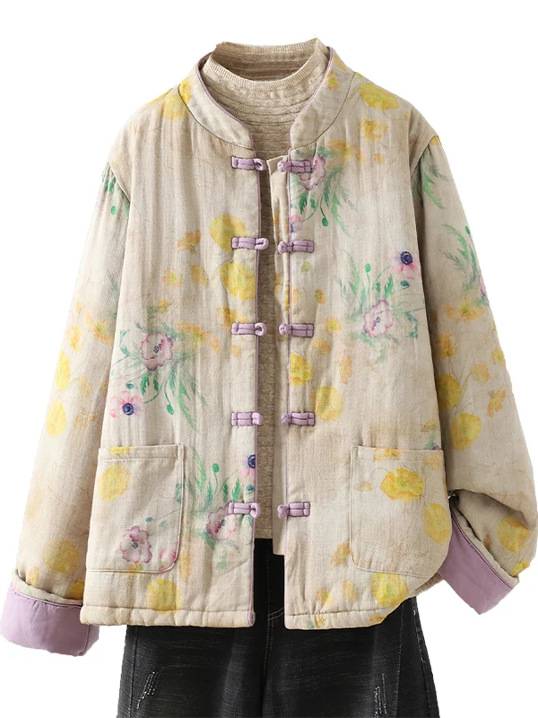 Abrigo de algodón con botones y cuello Zen nacional cálido para mujer, Jaet de algodón con estampado Retro, estilo chino, para invierno