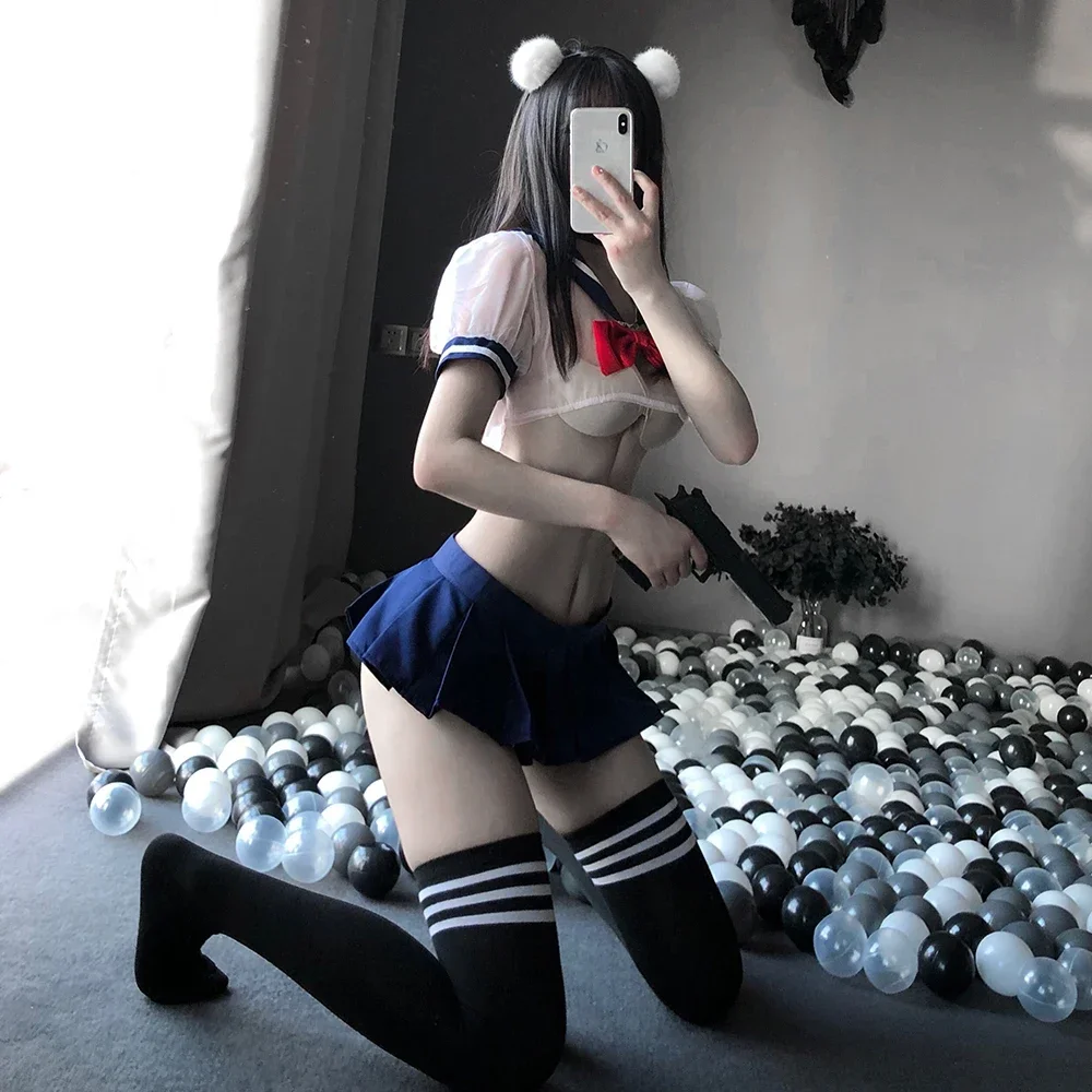 School Girl Cosplay Women Sexy Lingerie Student Uniform Erotic Costume Babydoll Crop Tops with Lace Miniskirt Panties Outfit