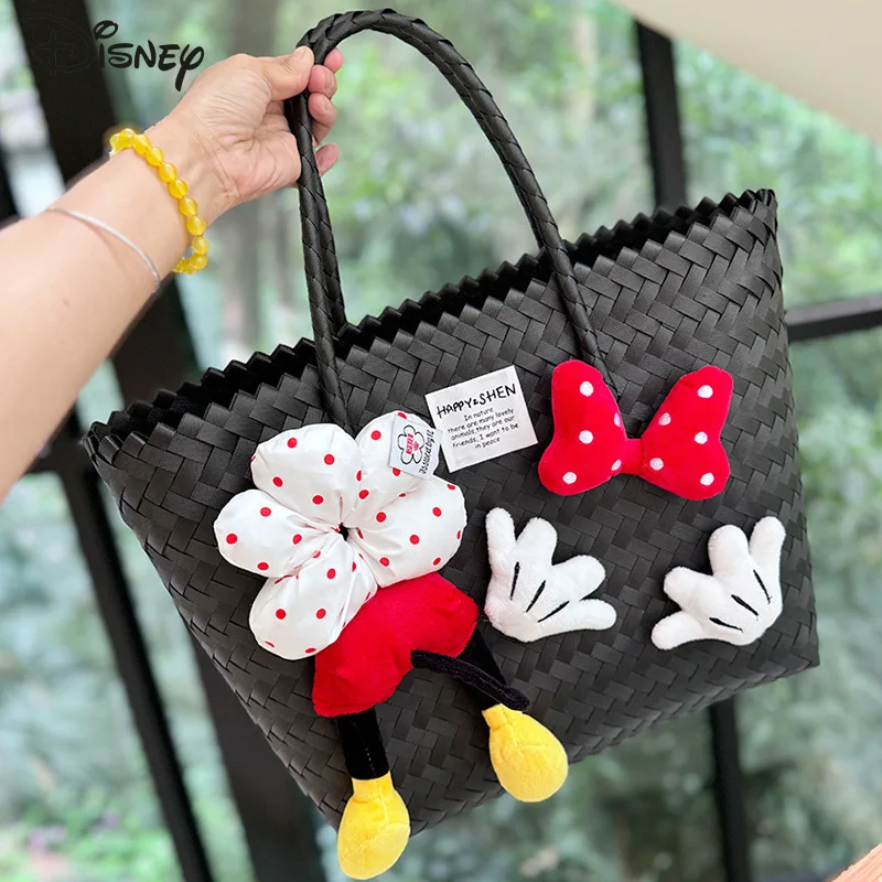 Disney Mickey Minnie Shoulder Bag Fashion Weaving Large Capacity Straw Plastic Weaving Beach Bag Handbag Vacation Outdoor Use
