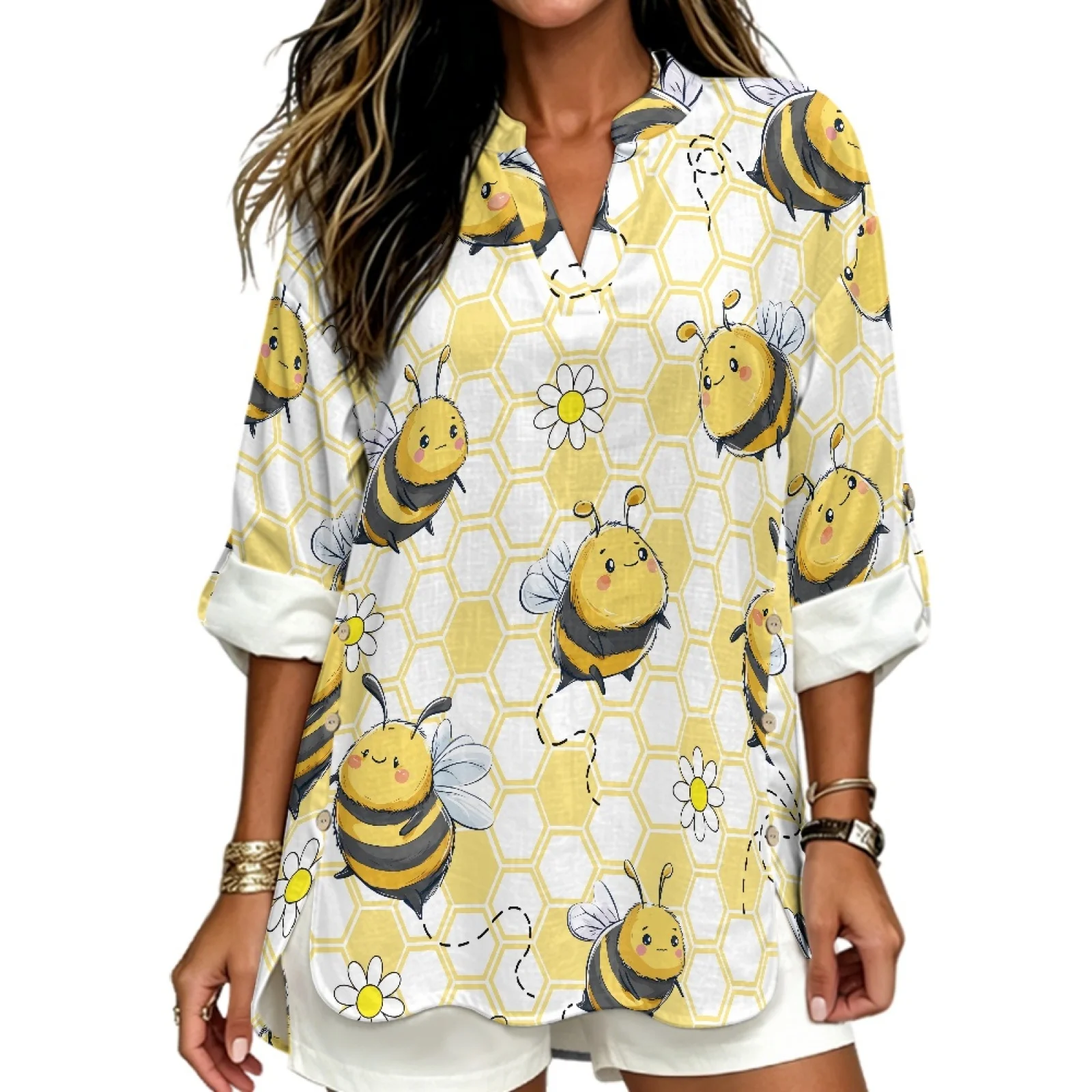 PENSTROLL Cute Bee Honeycomb Linen Style Women's Shirts Workout Tops for Ladies Slit Long Sleeve Tops for Women