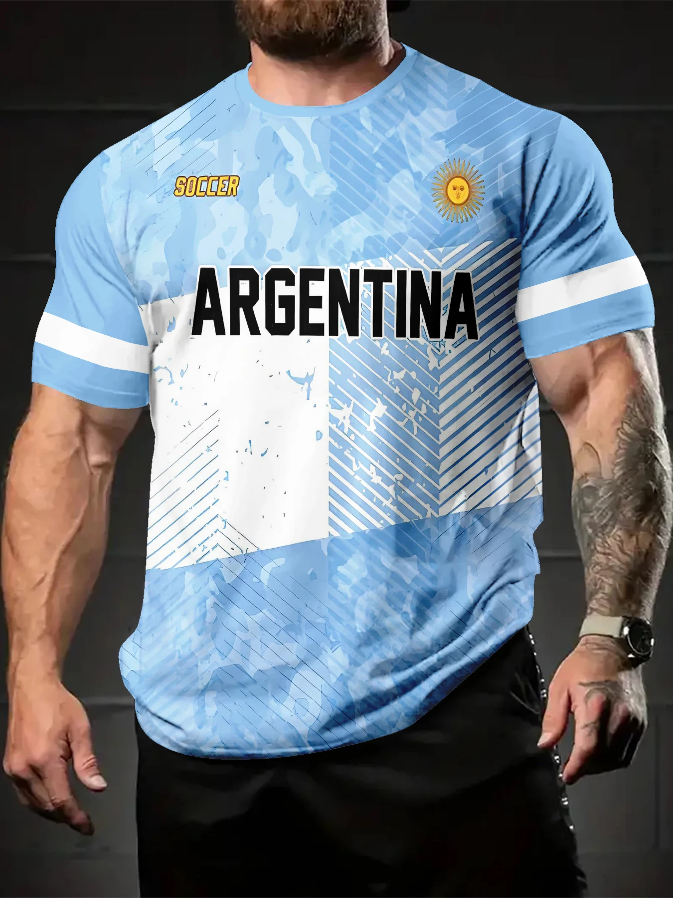 Men Short Sleeve T-Shirt, Light Blue Camo Geometric Spliced Sun Emblem Soccer Letter Sport Graphic Casual Tee