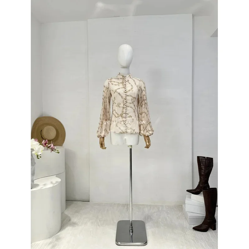 

2026 New Minimalist Beige Cream Chain Print Long Sleeve Blouse Tops and Pleat Midi Skirt Set for Women