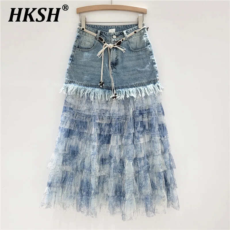 

HKSH Spring Summer New Women's Y2K Streetwear Vintage Chic Original Design Ins Fashion Elegant Denim Patchwork Mesh Skirt HK5550