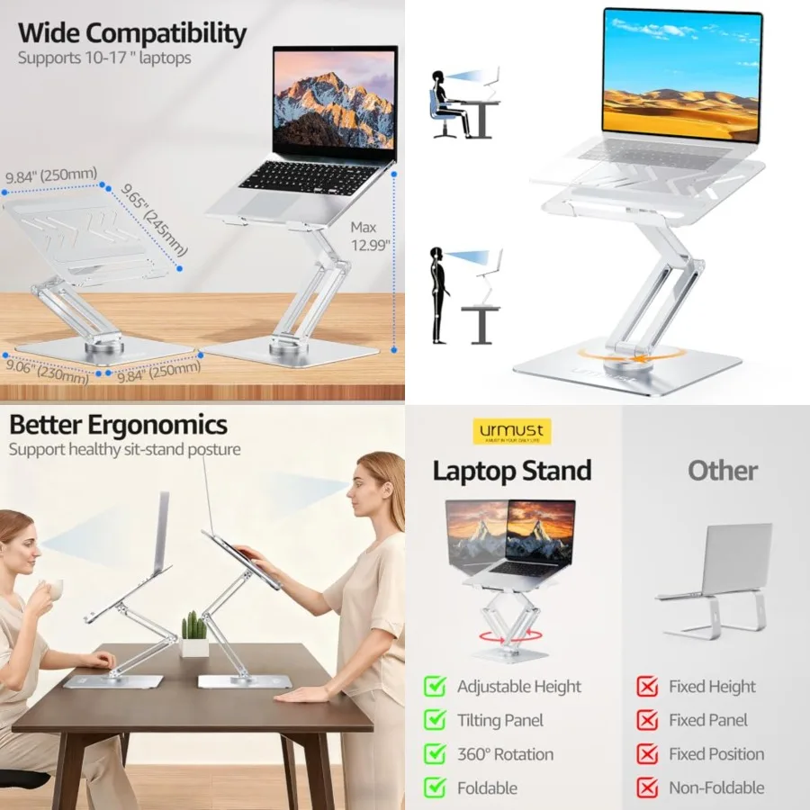 

360° Rotating Laptop Stand for Desk Adjustable Height, Ergonomic Laptop Riser Standing Desk Converter, MacBook Stand, Computer Lap top Riser Holder, Fits All Laptops 10-17"