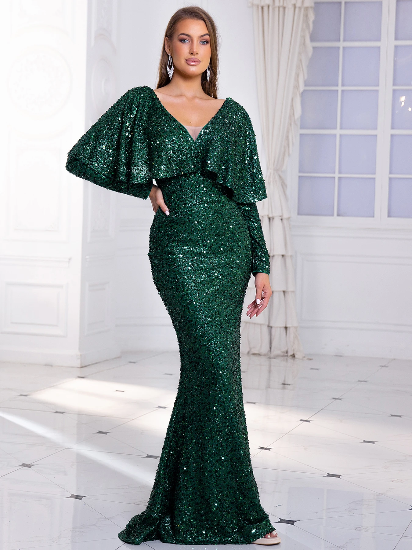 V Neck Backless Evening Party Dress Long Batwing Sleeve Floor Length Stretch Sequin Lined Elegant Women Customized Prom Gown New