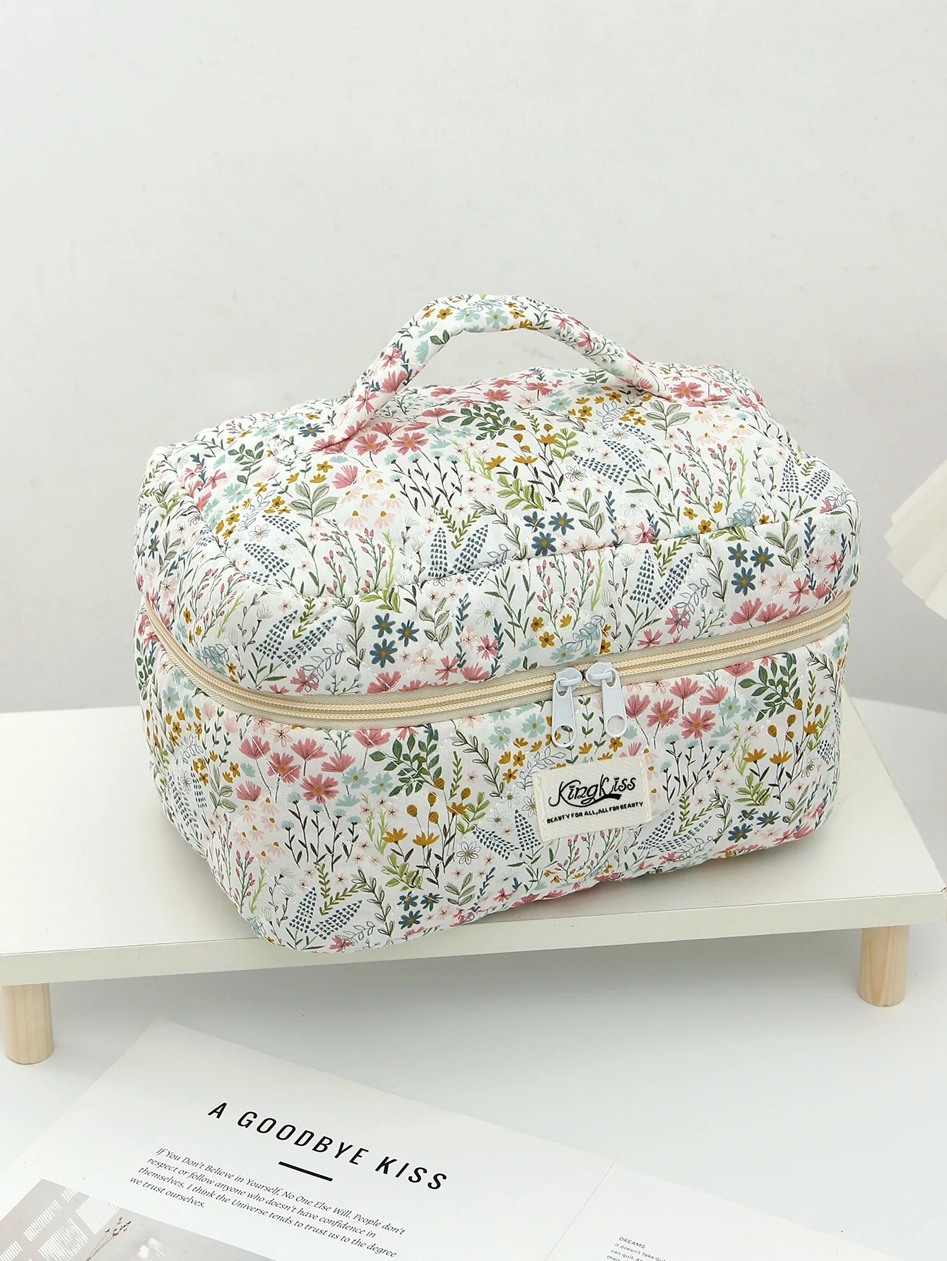 1 borsa per il trucco trapuntata floreale verde, borsa per il trucco carina di grande capacità, borsa per il trucco portatile multifunzionale