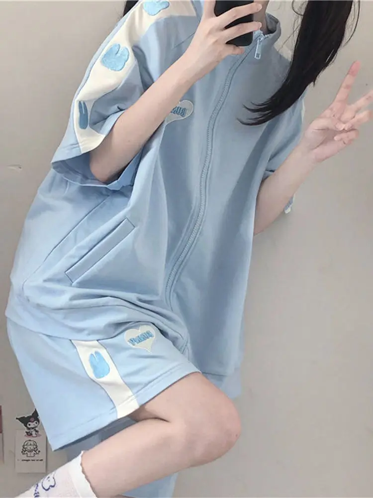 Summer Sports Suit for Women Korean Loose Preppy Style Short Sleeved Zipper Sweatshirt + Drawstring Shorts Women Casual Suits