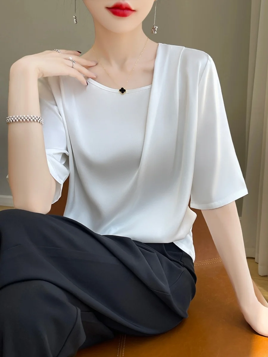 Seidensatin rund Ne f Sve Damen T-Shirt glatt plissiert Sommer New Faion dünne Oberbekleidung lässig Pendeln Sle