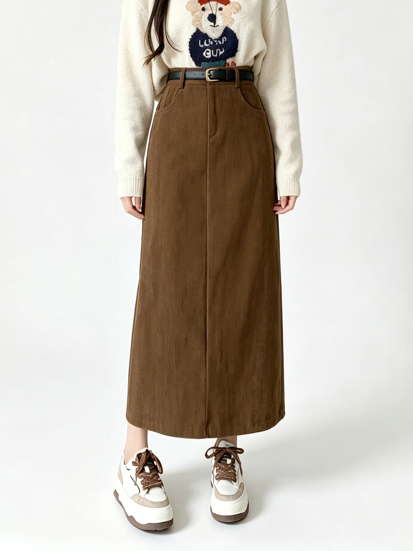 Cherish Corduroy Women's  Skirt Casual Slimming Meat Covering High Waist A-Line Wrap Body Long Autumn Winter New Style