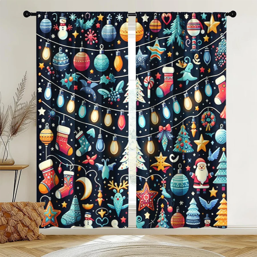 2PCS Christmas Curtains, Ornaments Stockings, Digital Print, Bedroom Living Room Kitchen, Rod Pocket Polyester, Home Decor
