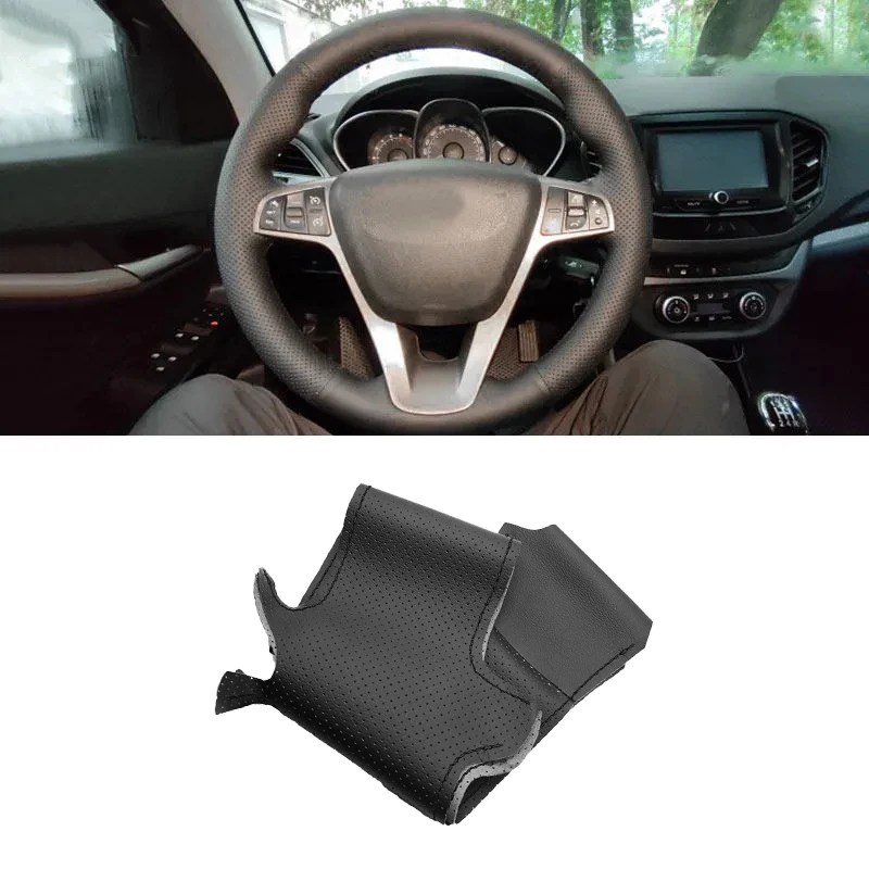 For Lada Vesta Xray 2015 - 2019 Car Interior Steering Wheel Cover Hand Stitched Black Perforated Leather with Needles & Threads