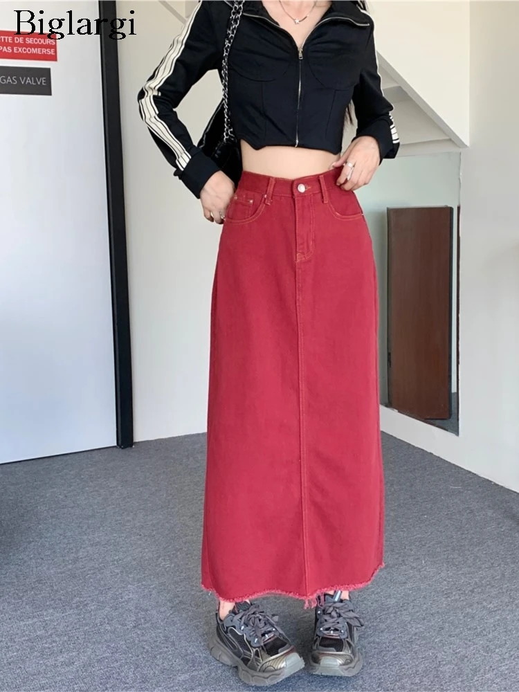 Denim Spring Autumn Long A-Line Skirts Women Retro Modis High Waist Split Pleated Ladies Skirts Korean Style Casual Woman Skirts