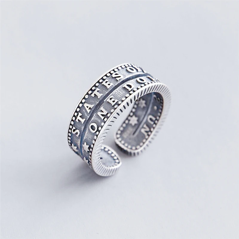 Sole Memory Retro Letter Stars Original 925 Sterling Silver Female Resizable Opening Ring For Women Jewelry Birthday Gift RI506