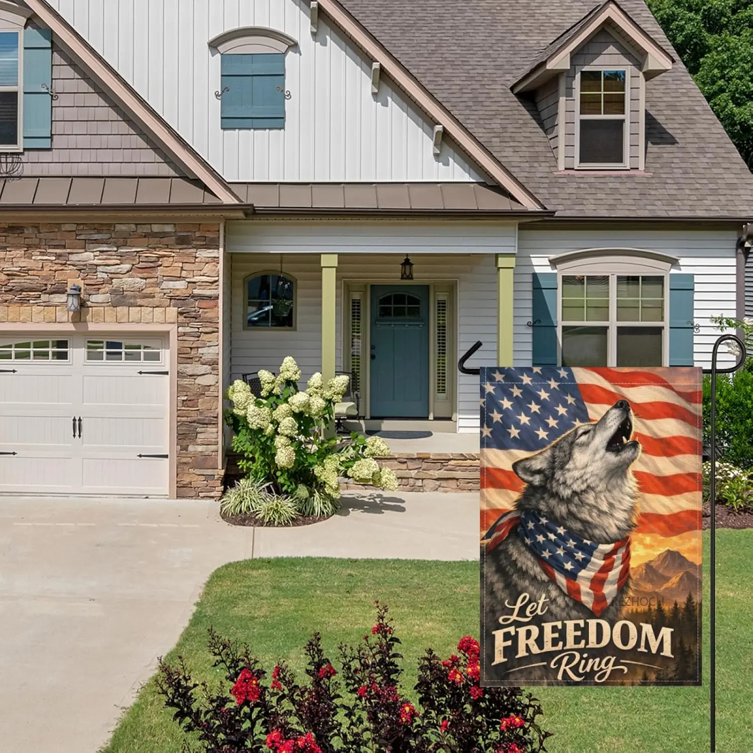 Patriotic Wolf Garden Flag 28x40Inch,Let Freedom Ring American Flag Outdoor Yard Decor,Rustic Farmhouse Home Lawn Funny Anim AAS