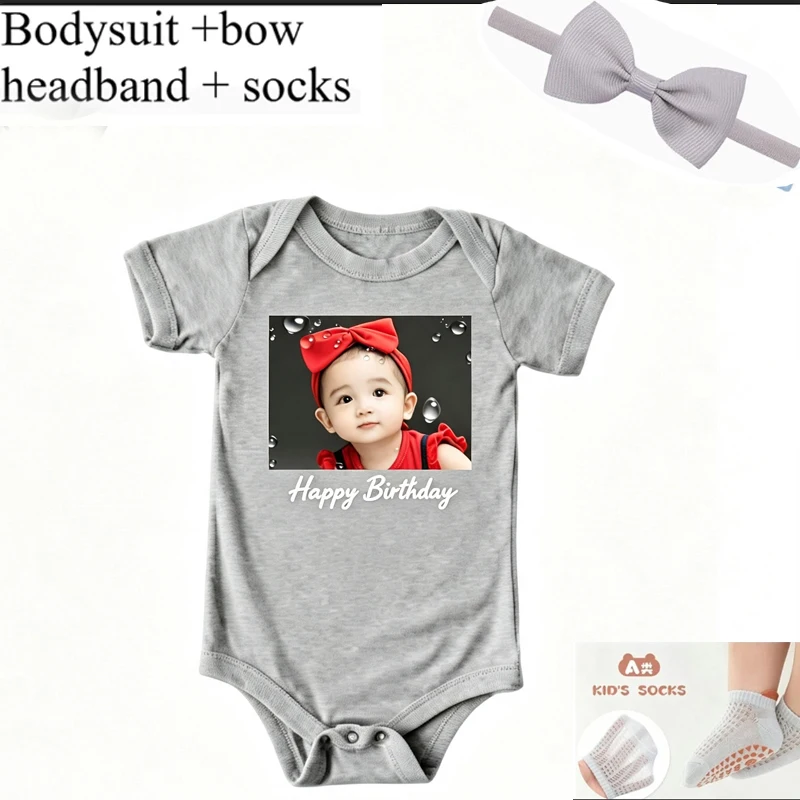 Custom Baby Bodysuit with Your Photo, 3pcs set Personalized Picture Onesie Happy Birthday Print, Romper for 1st Birthday gift
