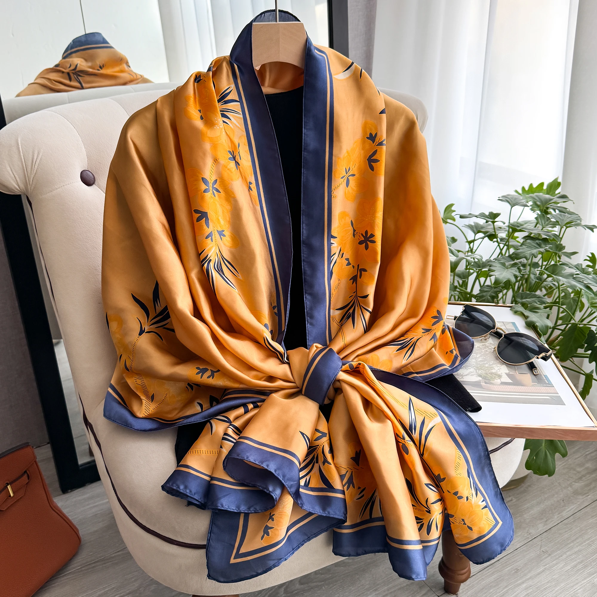 Klassischer Seidenschal 180x90cm für Damen, großer modischer bedruckter Schal für Büro, Hijab, Strandtuch, Bandana, Muffler, Pareo – Detail 9