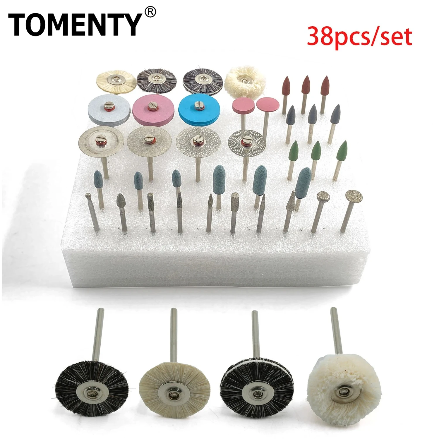 38Pcs/Set Dental HP Kit for Grinding or Polish Ceramic/Porcelain Applied to Laborary DIY Hobbies Diamond Burs Brush Dentist Tool