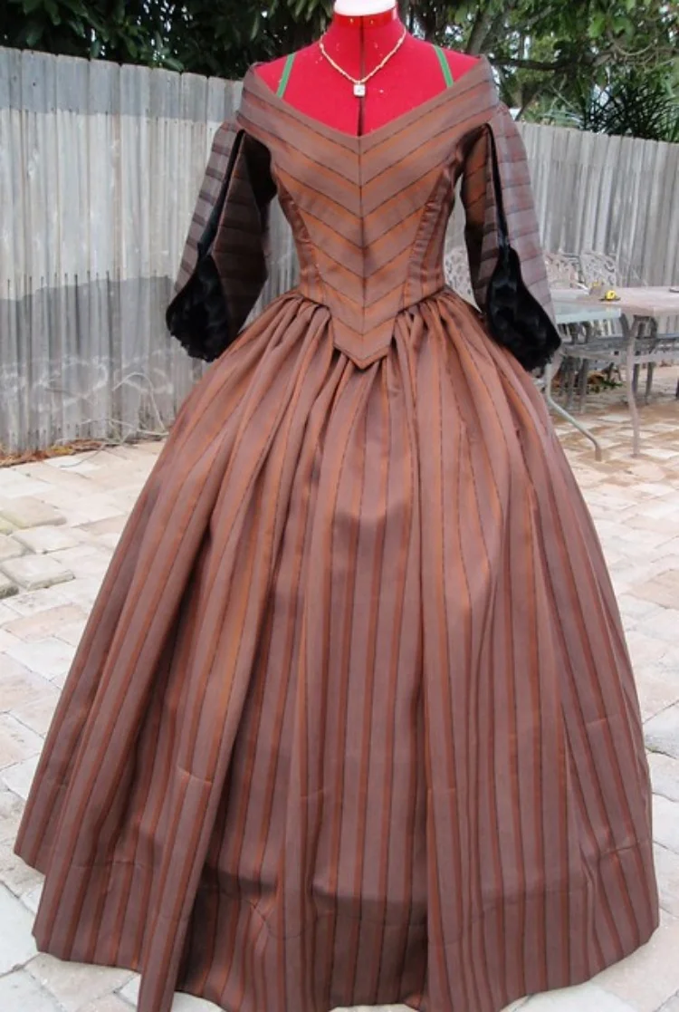 Women Gothic Steampunk Striped Evening Dress Medieval Victorian Colonial Civil War Southern Belle Ball Gown Theatre Costume