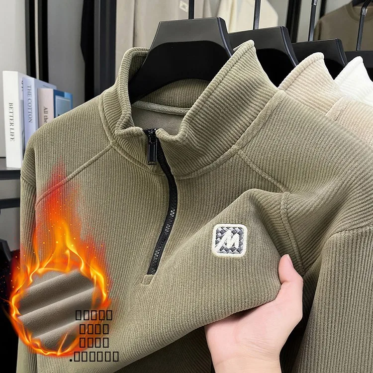 

Утепленная флисовая толстовка с воротником-стойкой для мужчин, зимняя, теплая, повседневная, на молнии, с вышивкой, длинный рукав, полиэстер