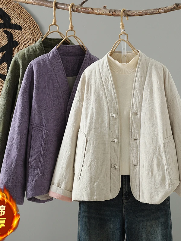 

Women's Traditional Chinese V-ne Buttoned Cotton Jaet Thiened Long Sve Warm Floral Embroidery Winter Coat