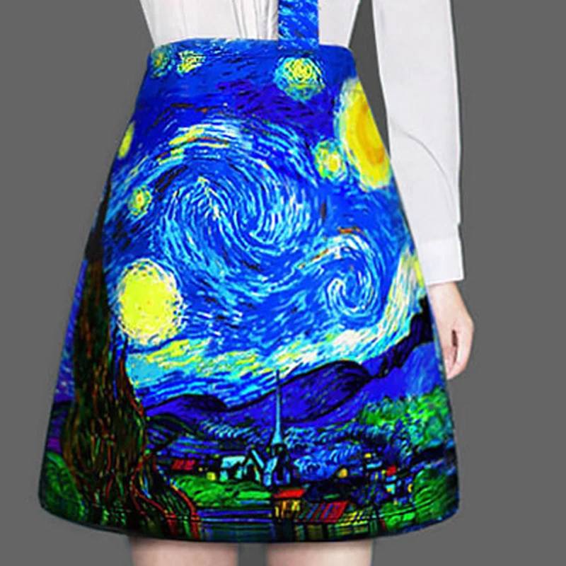 Women's Harajuku Style satin A-Line Mini Skirt Spring Summer Fashion Gogh Starry Night Cartoon pattern Print Short Mid Skirts