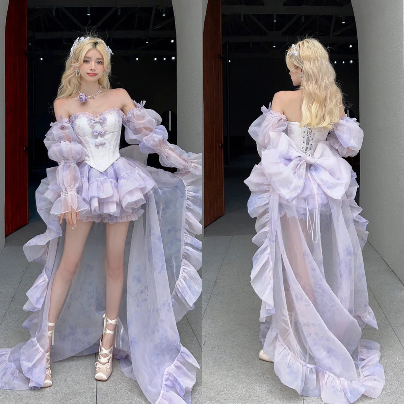 로리타 이브닝 드레스 트레일링 퍼플 여성 하이 엔드 틈새 튜브 탑 생일 슈퍼 페어리 성인 행사 Pettishirt