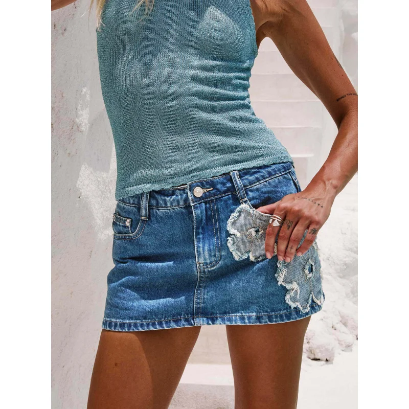 Summer 2026 Women's Slimming Floral Patchwork Denim Skirt Loose Hip Short Style for Fashionable Casual Wear