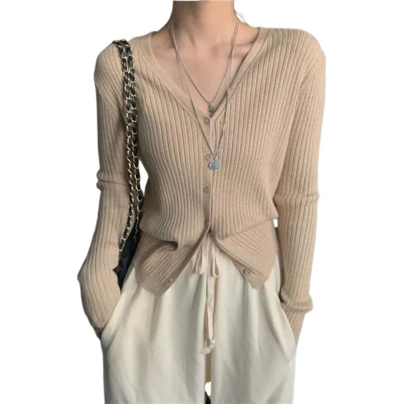 2024 neue V-ausschnitt Strick Pullover Strickjacke für Frauen Frühling Sommer Slim Fit Kurze Lange Hülse Mantel Top