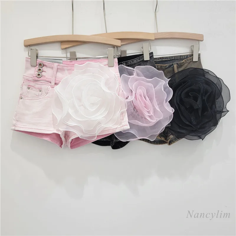 Pink Sweet Cool Washed Stitching Flower Denim Shorts Hot Girl Sexy Stretch Hip Lifting Wide Leg Hot Pants for Women