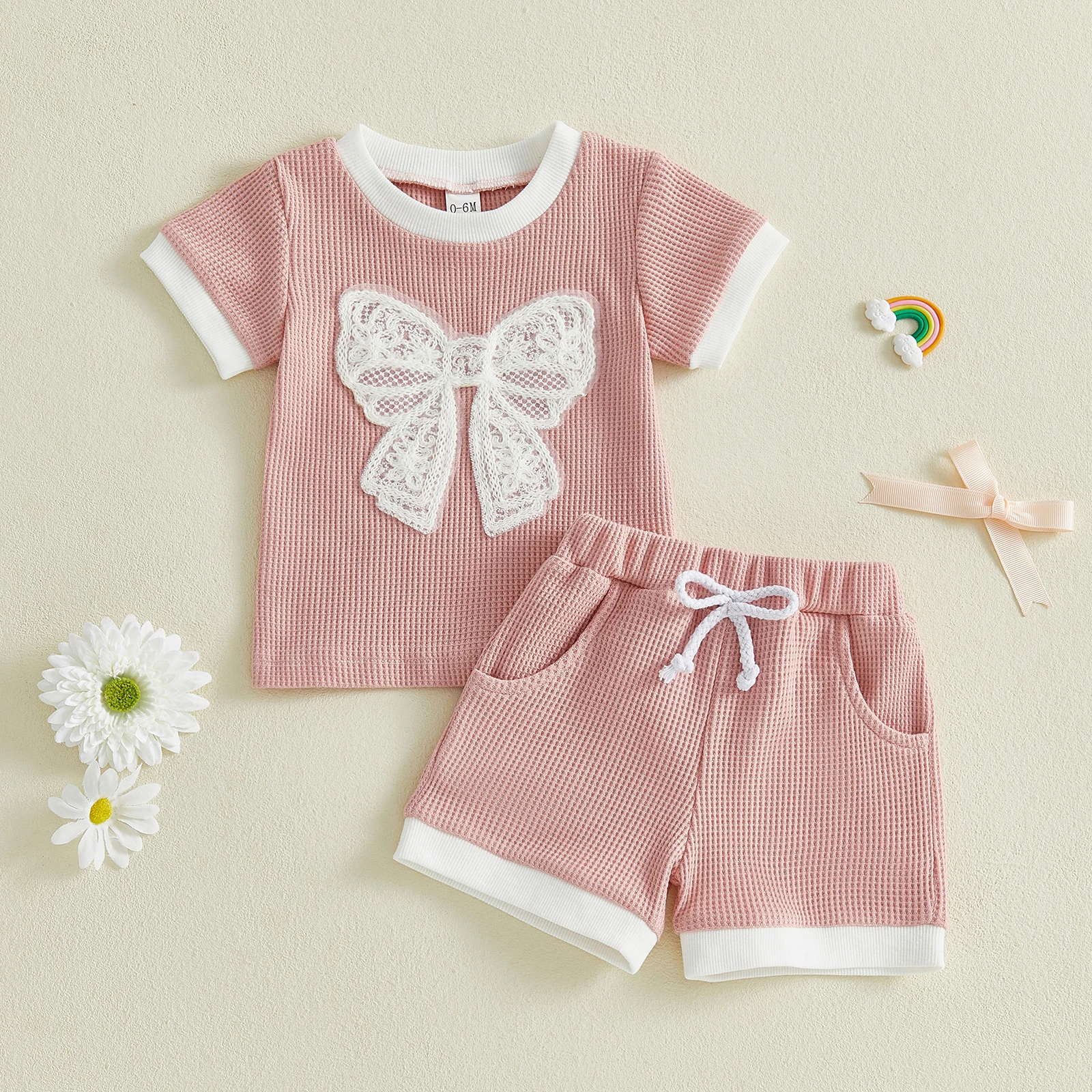 Toddler Infant Girls Summer 2 Piece Outfits Bow Embroidery Round Neck Short Sleeve Tops and Elastic Waist Shorts Set