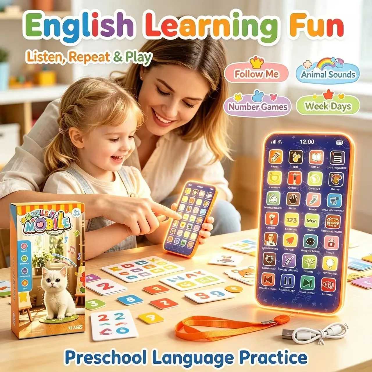 Cartoon Rabbit Kids Toy Phone Rechargeable Early Educational Simulation Mobile Phone with Music Bedtime Stories LED Light Voice